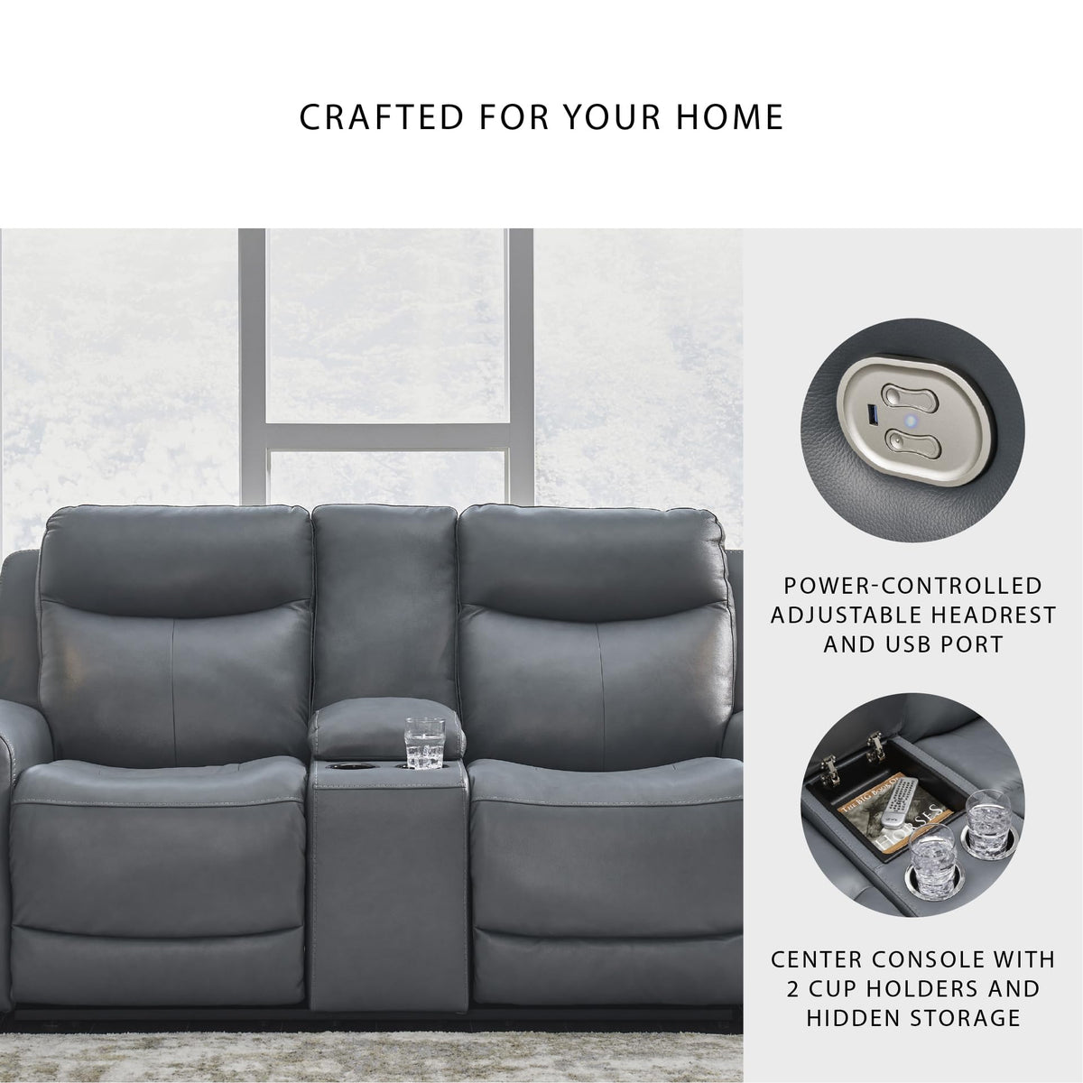 Gray Leather Match Power Reclining Loveseat with Console G5115