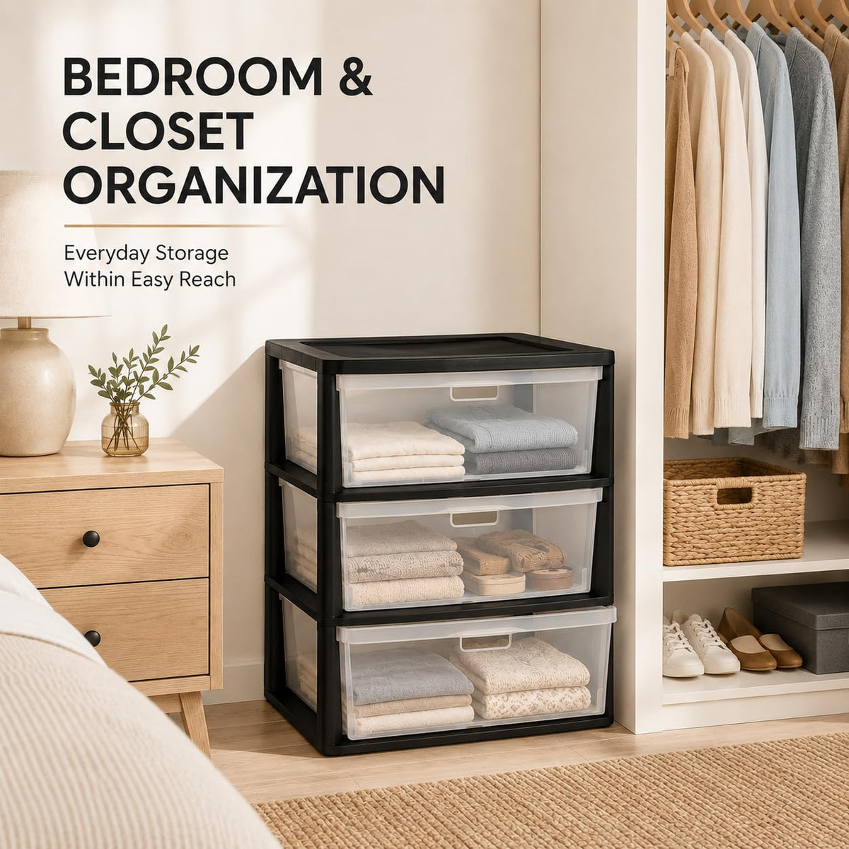 Plastic 3 Drawer Storage Tower with Clear Removable Bins X569952