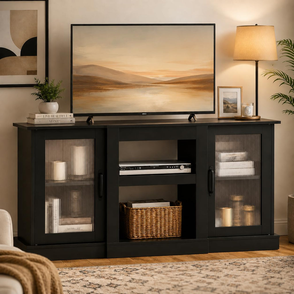 Black 58" TV Stand with Storage Cabinets and Adjustable Shelves M9776