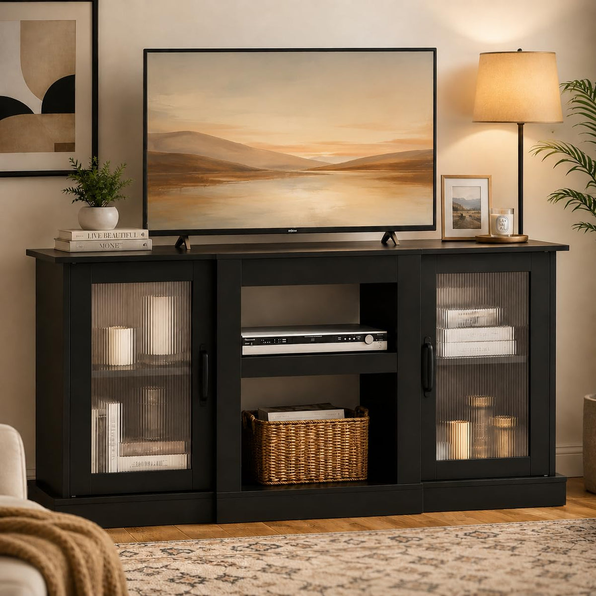 Black 58" TV Stand with Storage Cabinets and Adjustable Shelves M9776