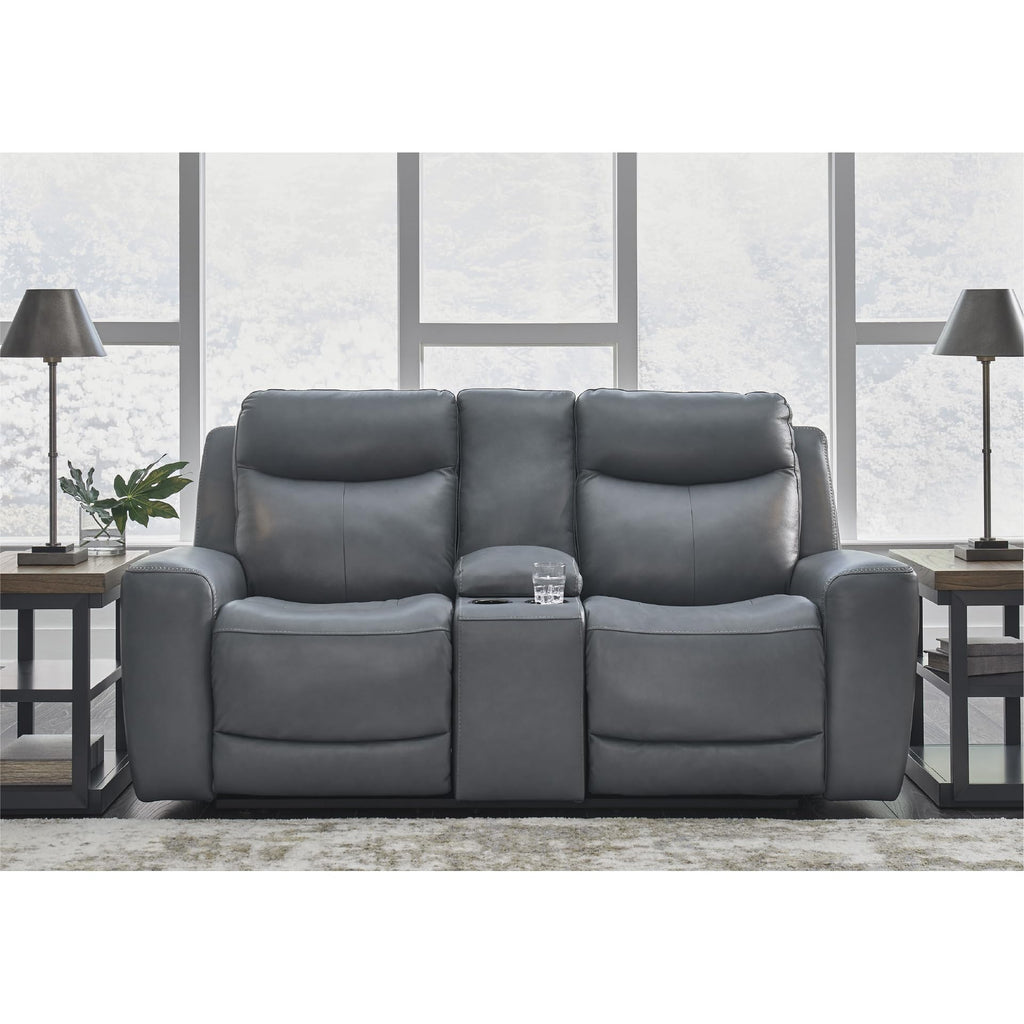 Gray Leather Match Power Reclining Loveseat with Console G5115