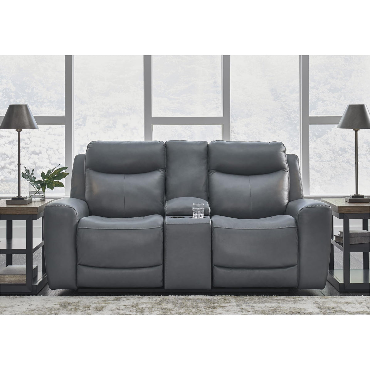 Gray Leather Match Power Reclining Loveseat with Console G5115