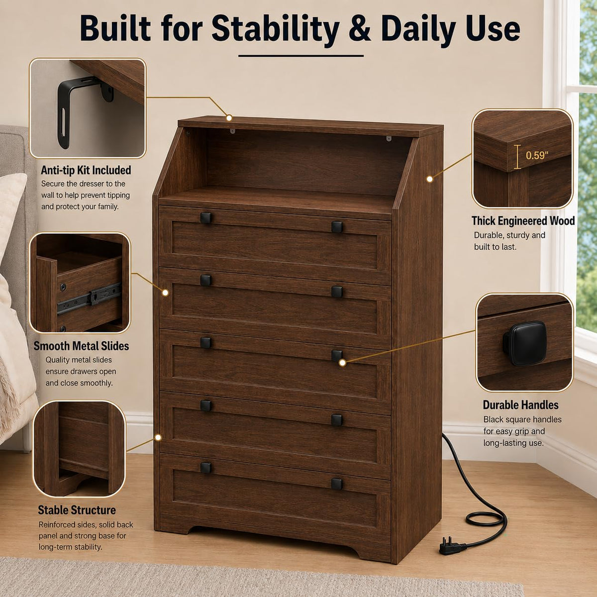 Walnut 5 Drawer Dresser R2084