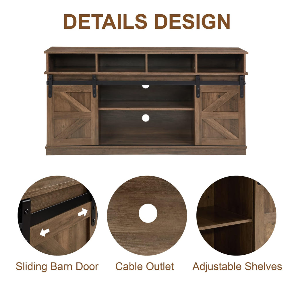Brown TV Stand with Storage Cabinets & Sliding Barn Doors O68949