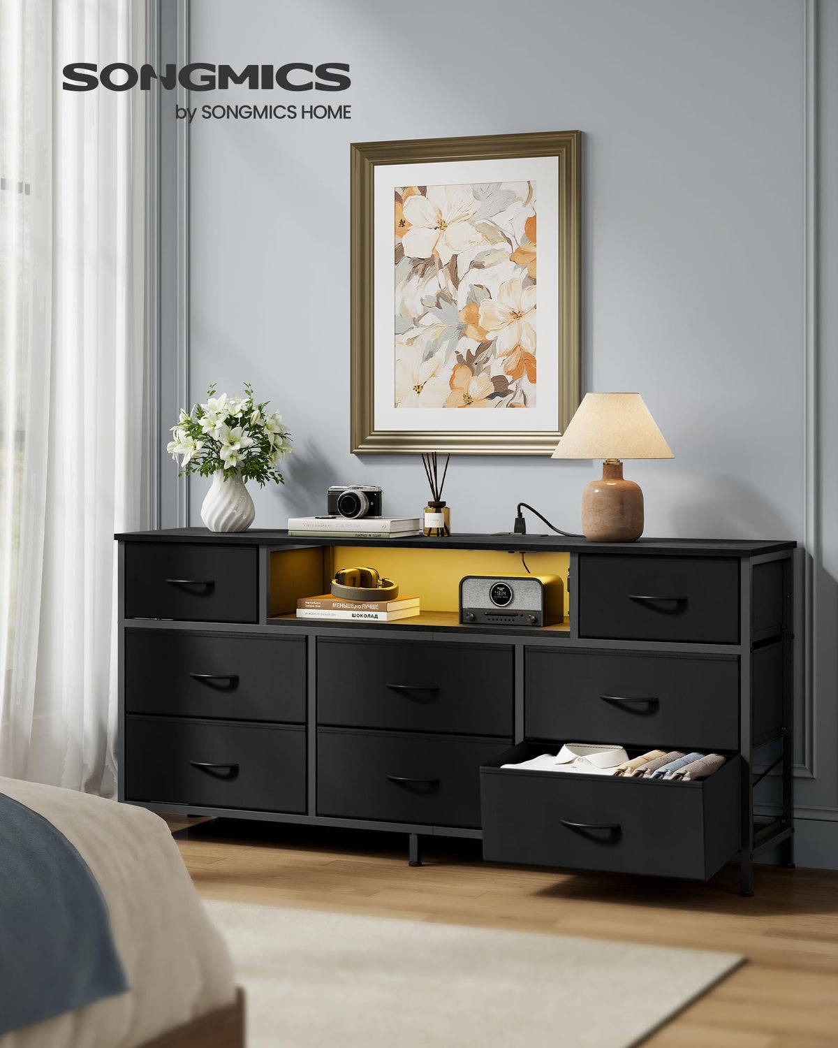 8 Fabric Drawers Dresser with Outlets & LED Lights N30099