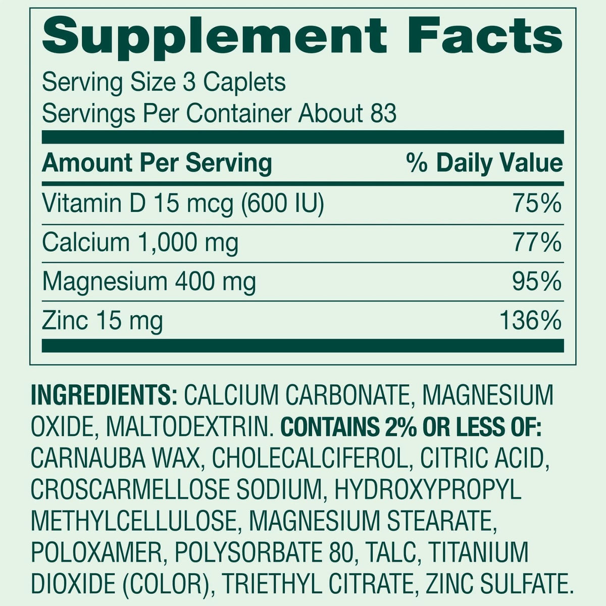 Calcium Magnesium Zinc Vitamin D3 Dietary Supplement 250 Coated Caplets H477077