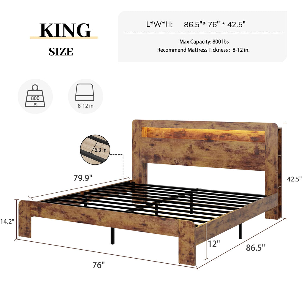 King Size Wooden Bed Frame with Storage Headboard and LED Lights D7629