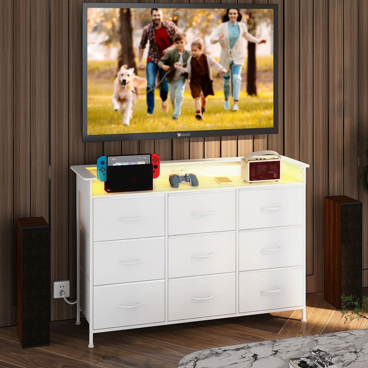 White 9 Drawer Dresser with LED Light and Charging Station Y3062