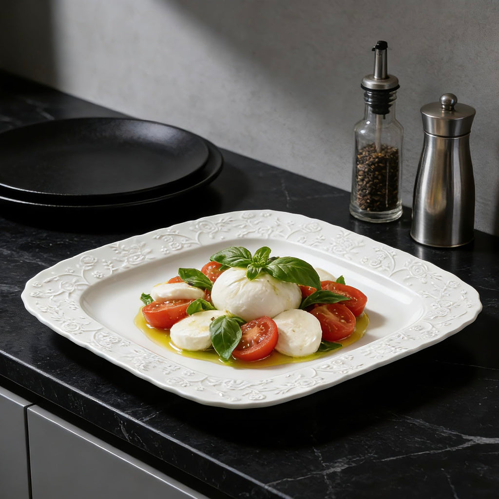Ceramic Square Dinner Plates Set of 4, 10 & 12 Inch Embossed Salad Plates B28456