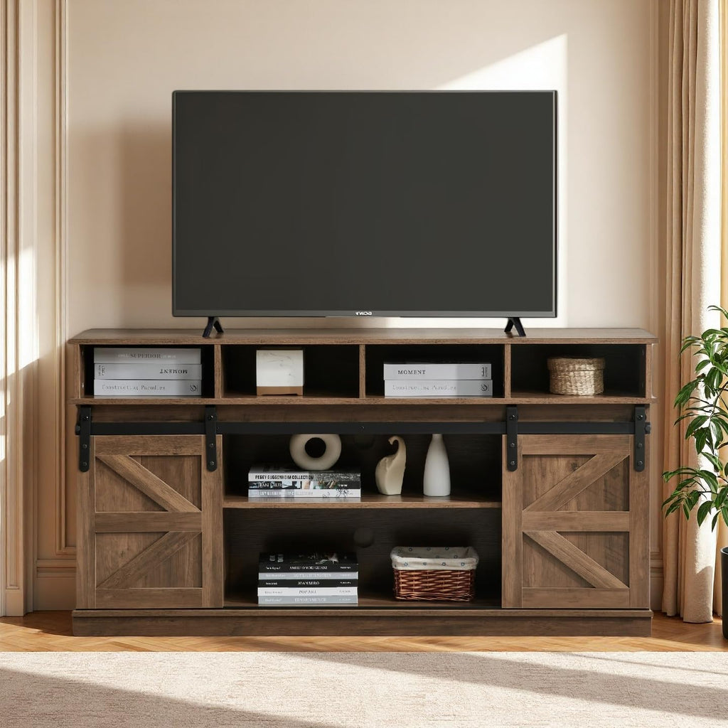 Brown TV Stand with Storage Cabinets & Sliding Barn Doors O68949