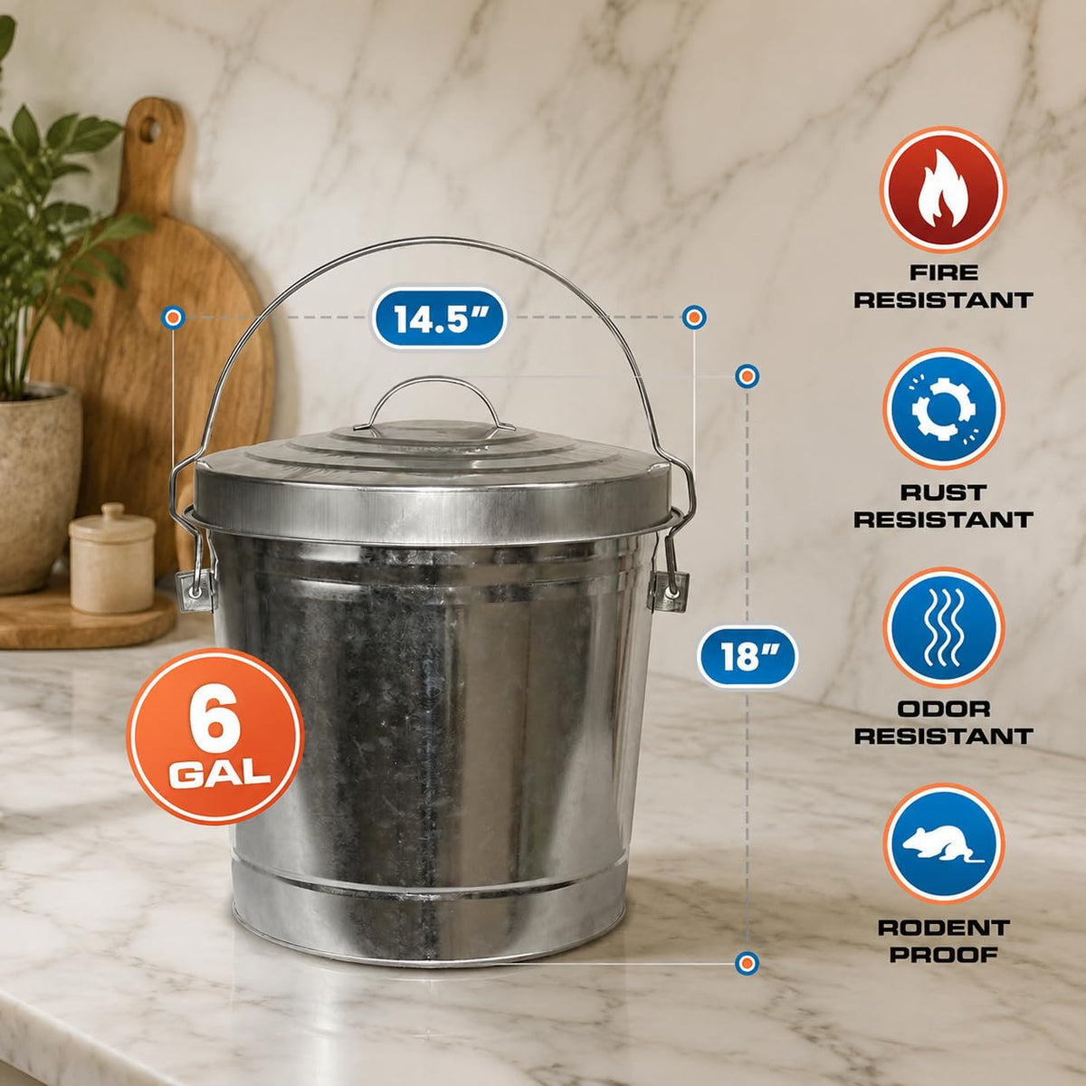 6 Gallon Galvanized Metal Trash Can with Locking Lid T973
