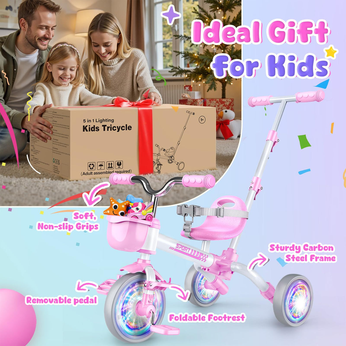 5 in 1 Pink Tricycle with Push Handle U924612