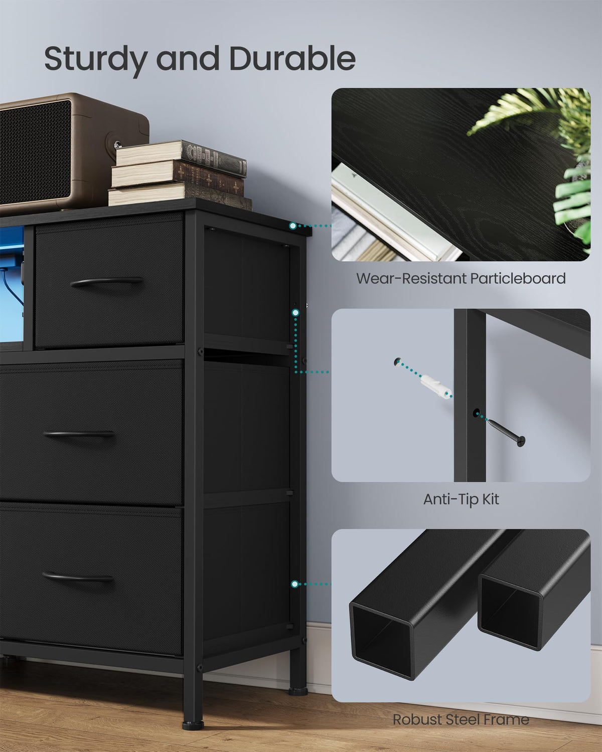 8 Fabric Drawers Dresser with Outlets & LED Lights N30099