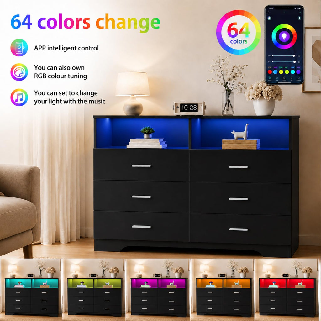 Black 6 Drawer Wood Dresser with Power Outlets M1245