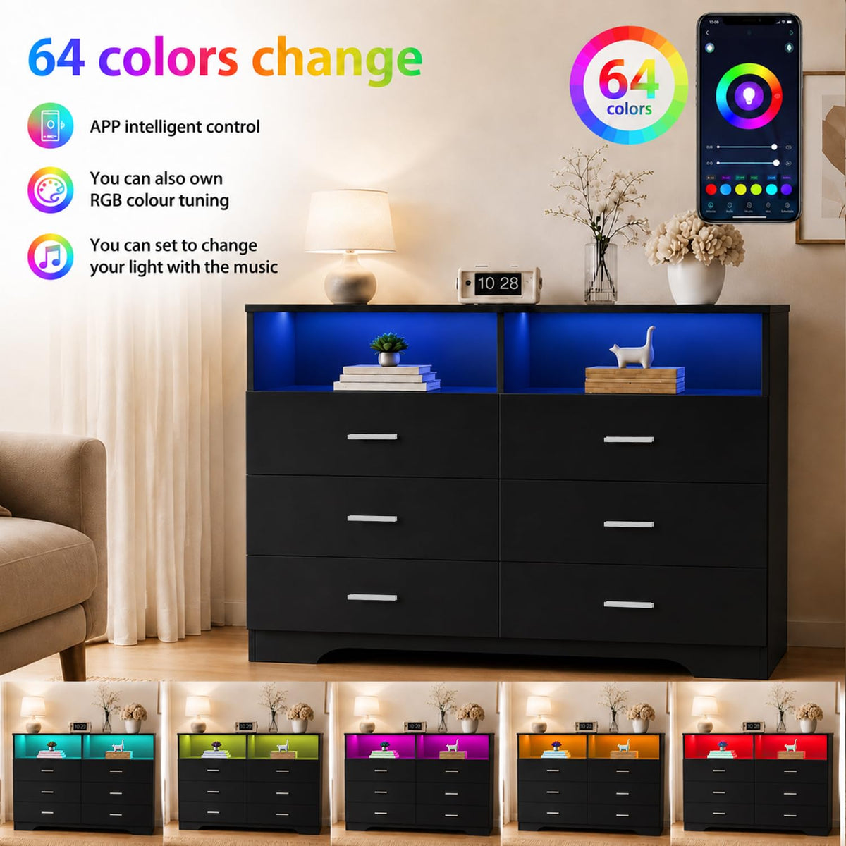 Black 6 Drawer Wood Dresser with Power Outlets M1245
