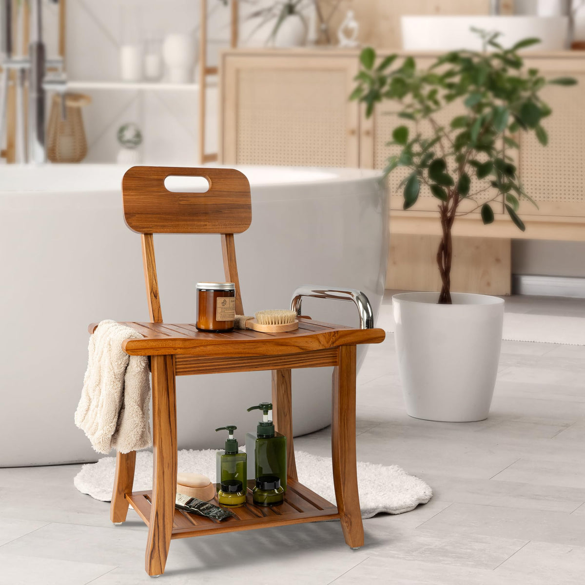 Teak Shower Bench with Handles and Backrest A1546