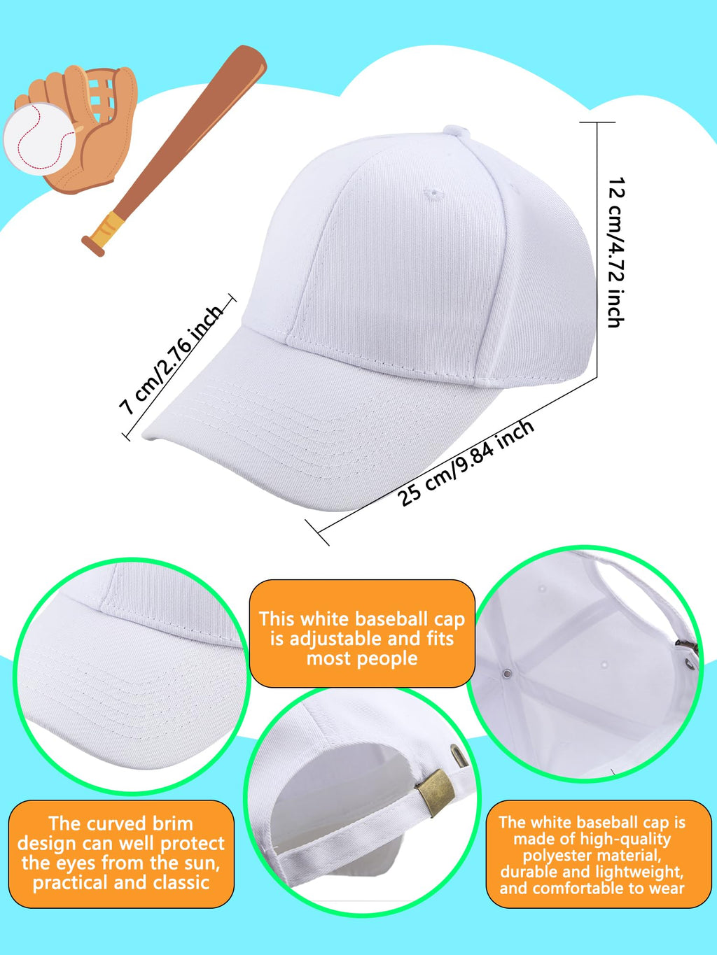 30 Pcs White Cotton Kids Baseball Cap N748794