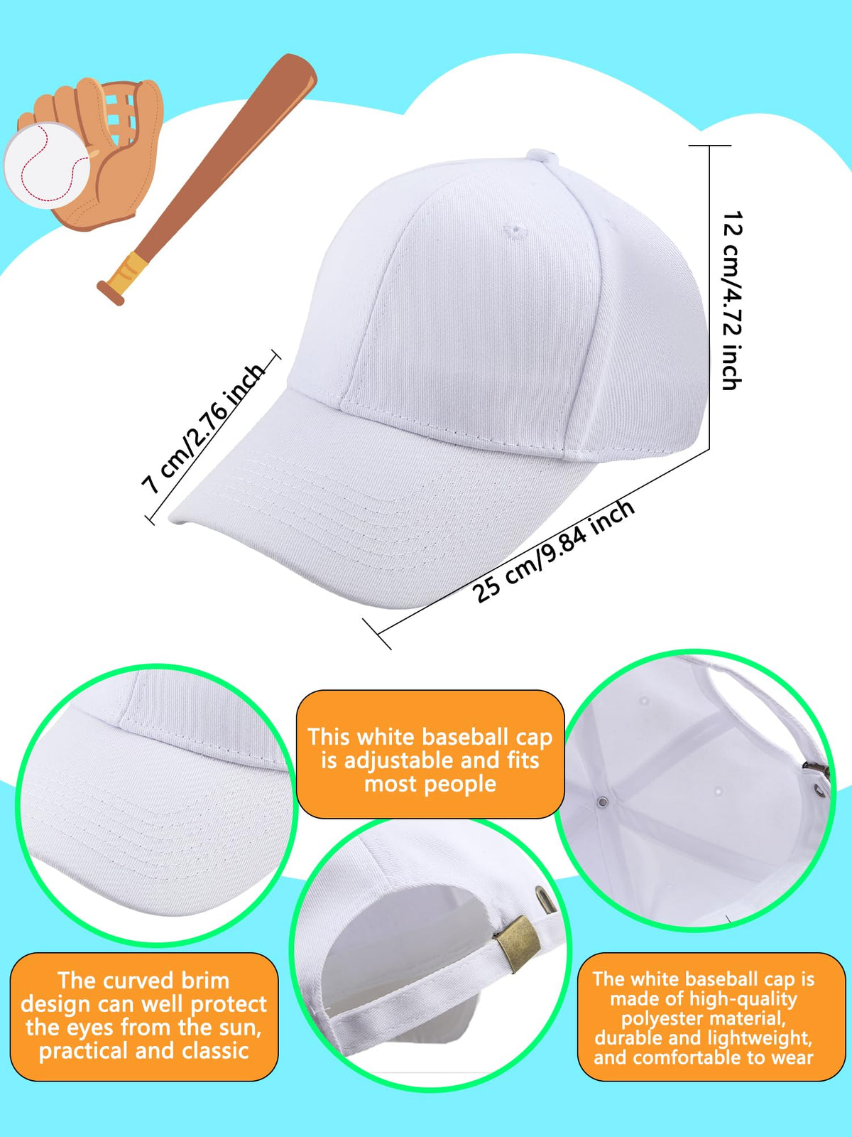 30 Pcs White Cotton Kids Baseball Cap N748794