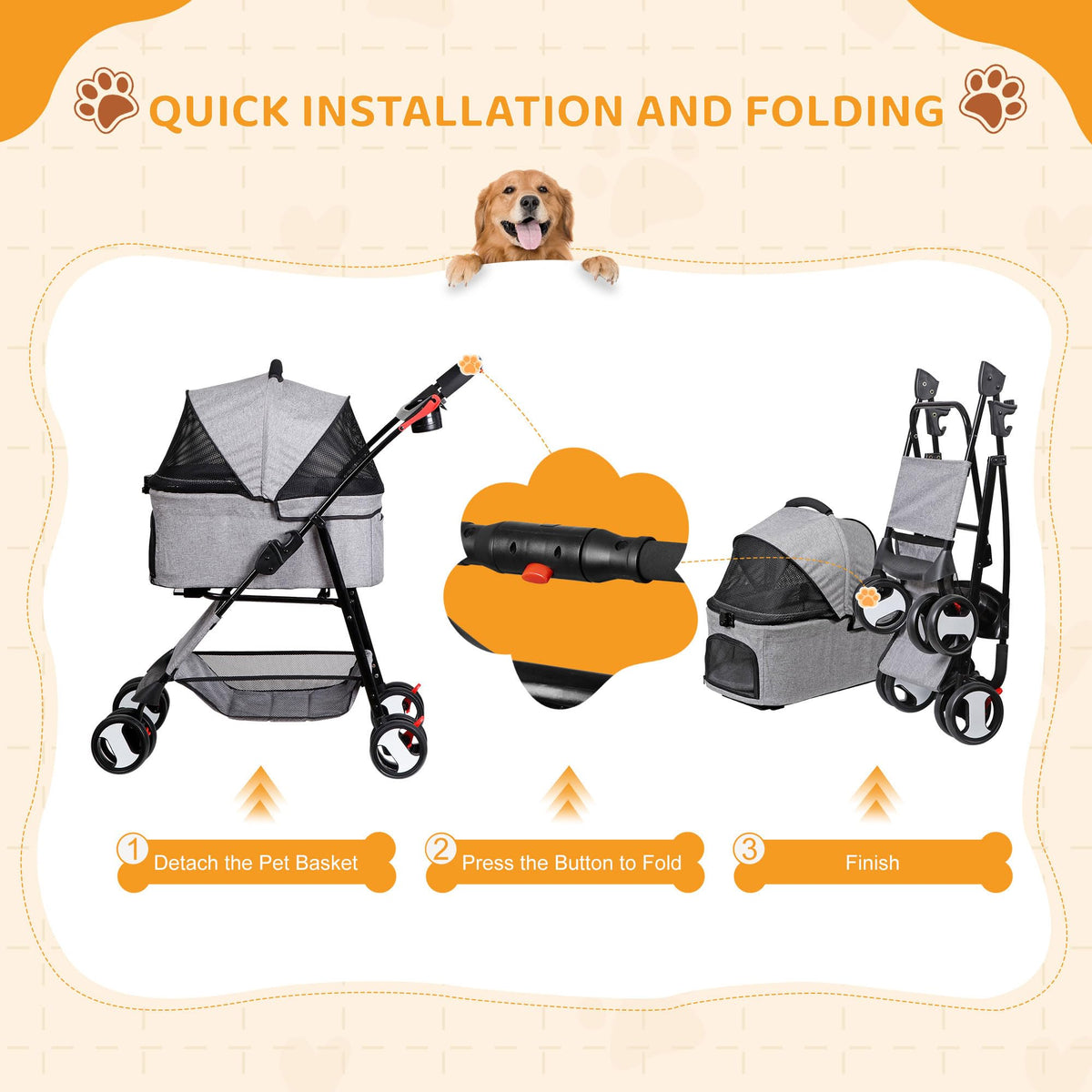 3 in1 Foldable Pet Stroller with 4 Wheels G56796