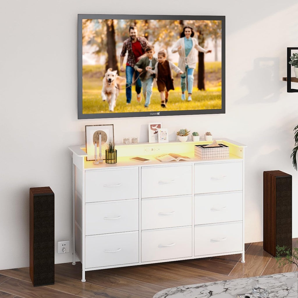 White 9 Drawer Dresser with LED Light and Charging Station Y3062