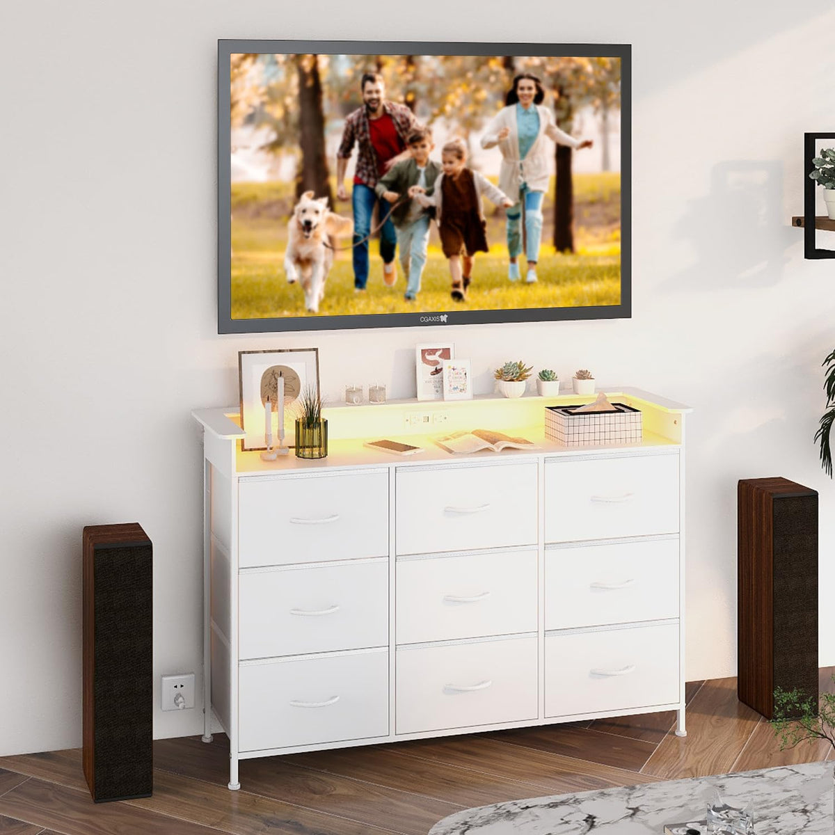 White 9 Drawer Dresser with LED Light and Charging Station Y3062