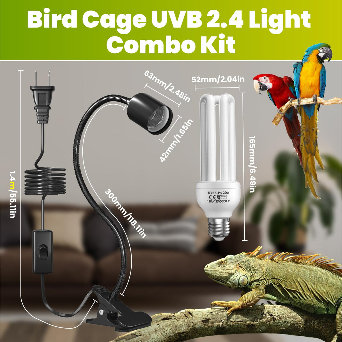 Bird Cage Lighting Combo Kit, Clip Lamp with UVB 2.4 20W Compact Fluorescent Bulb E51521