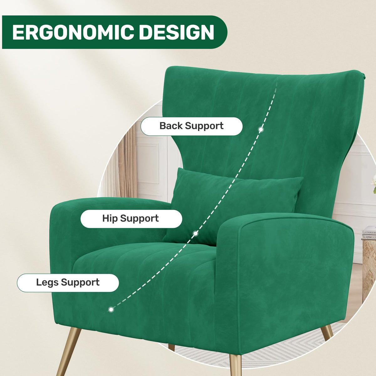 Velvet Accent Chairs Set of 2 High Back Armchair with Lumbar Pillow Green Q8917