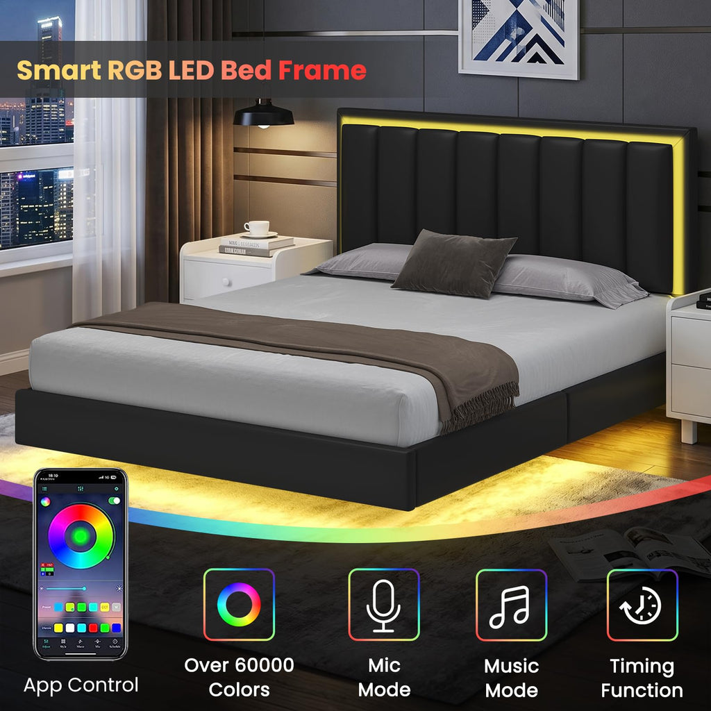 Black Full Size Floating Bed Frame with LED Lights N620897