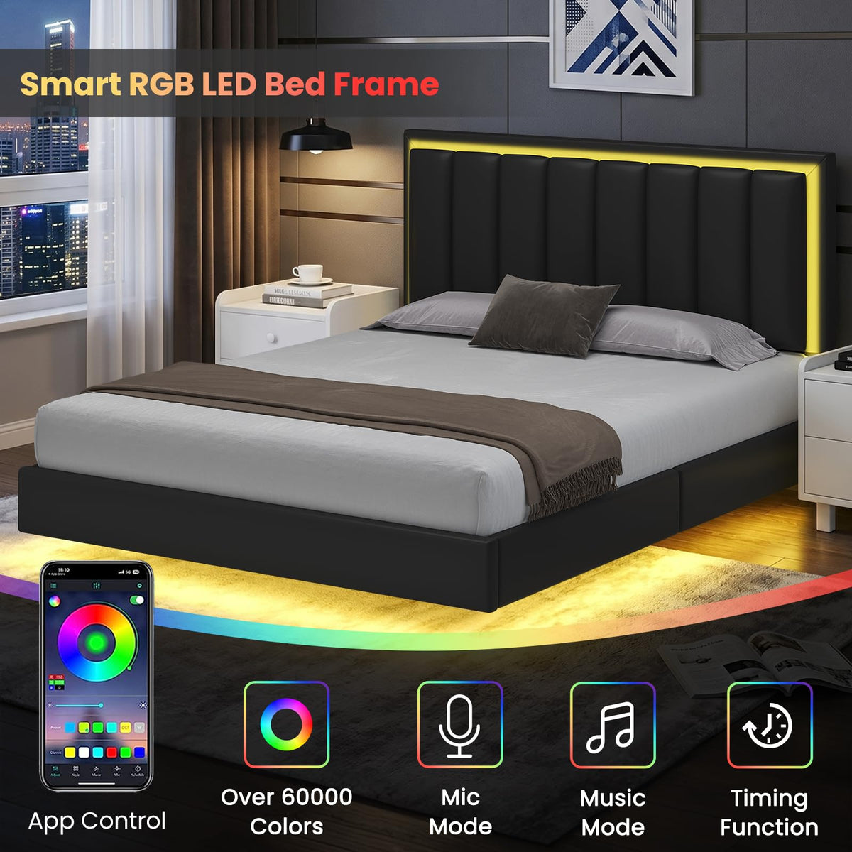 Black Full Size Floating Bed Frame with LED Lights N620897