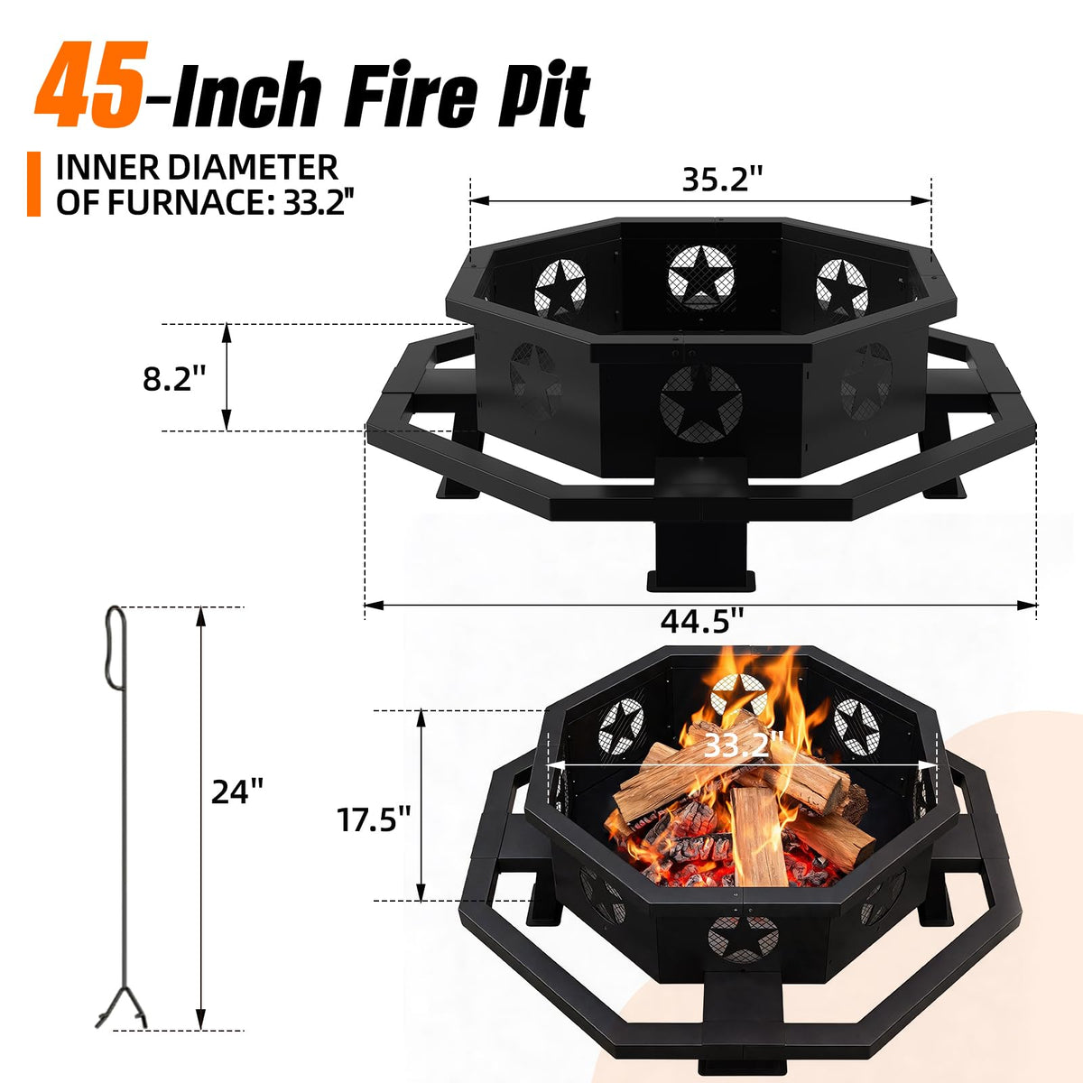 45 Inch Black Wood Burning Octagonal Fire Pit with Poker F8976
