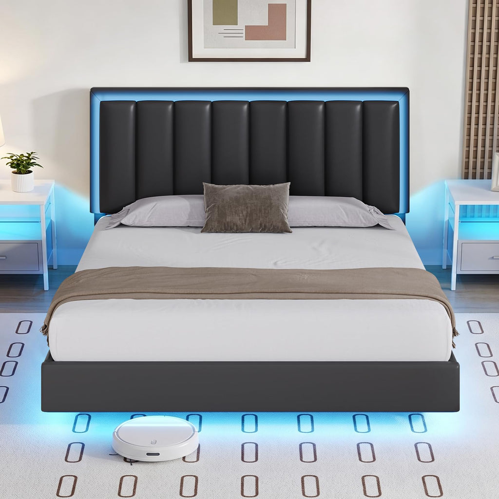 Black Full Size Floating Bed Frame with LED Lights N620897