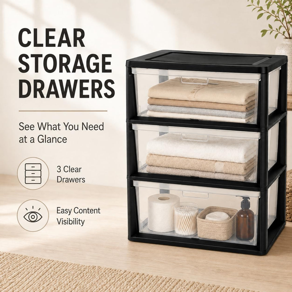 Plastic 3 Drawer Storage Tower with Clear Removable Bins X569952