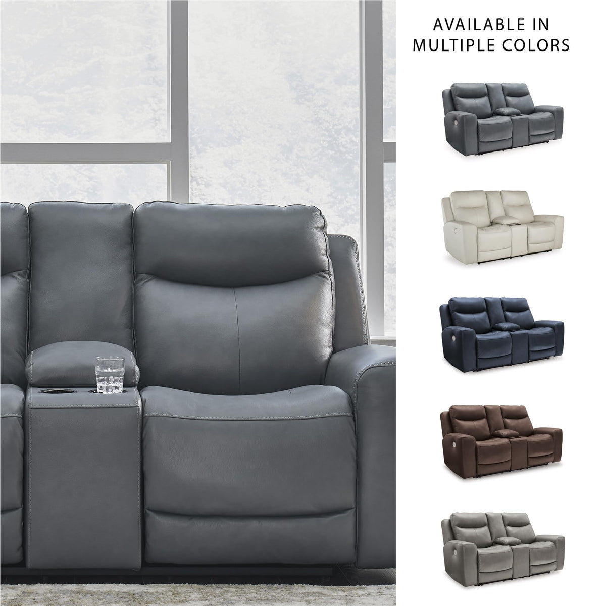 Gray Leather Match Power Reclining Loveseat with Console G5115