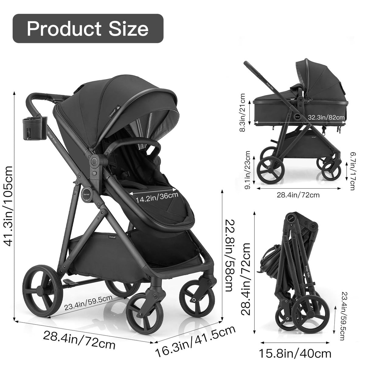 3-in-1 Convertible Baby Stroller with Reversible Seat Black E38513