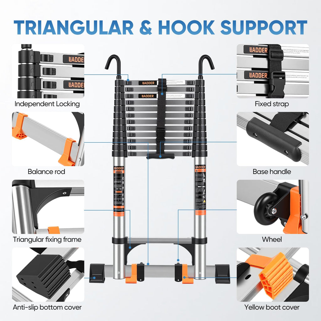 Telescoping Ladder 16.5 FT with Wheels & Hooks 330 lbs A6808