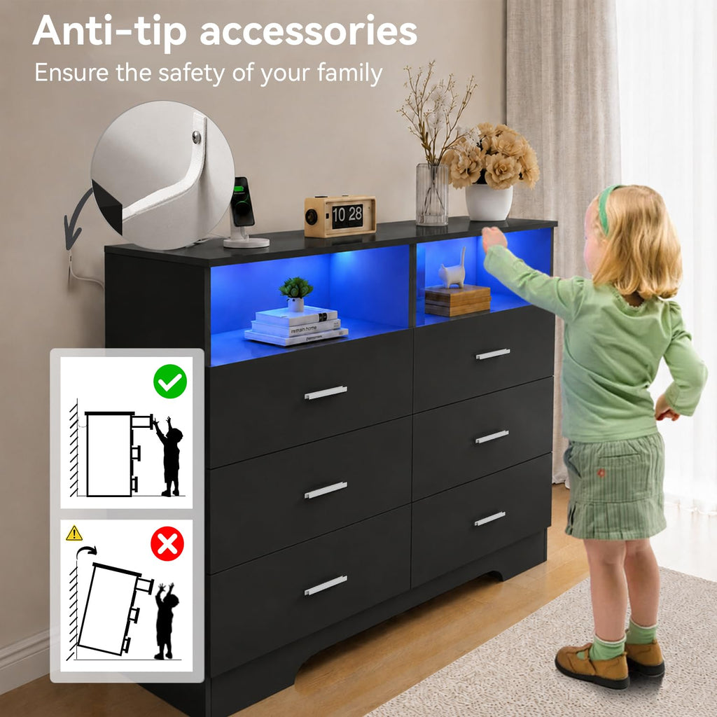 Black 6 Drawer Wood Dresser with Power Outlets M1245