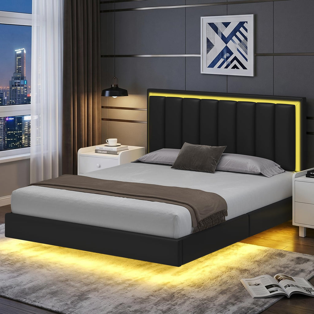 Black Full Size Floating Bed Frame with LED Lights N620897