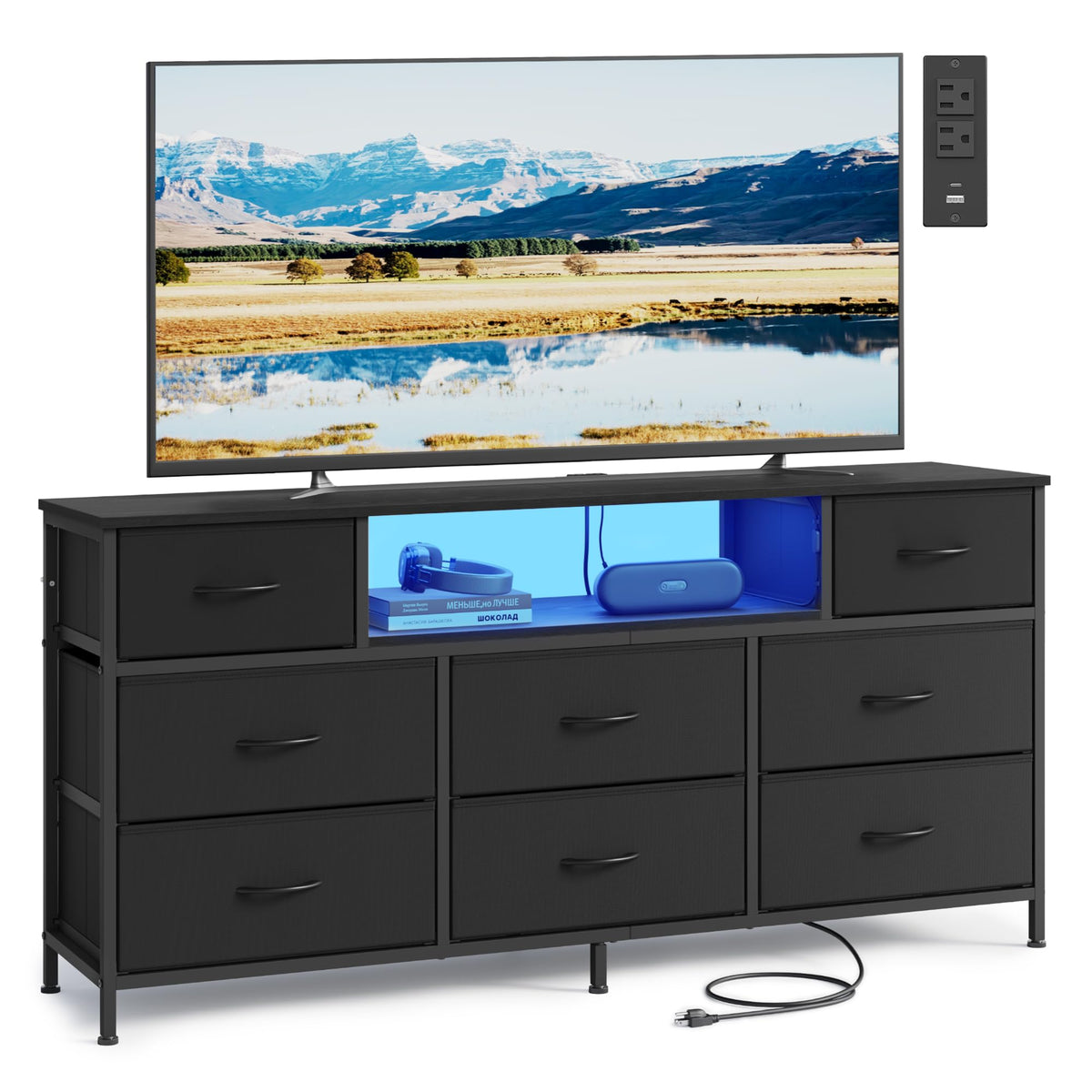 8 Fabric Drawers Dresser with Outlets & LED Lights N30099