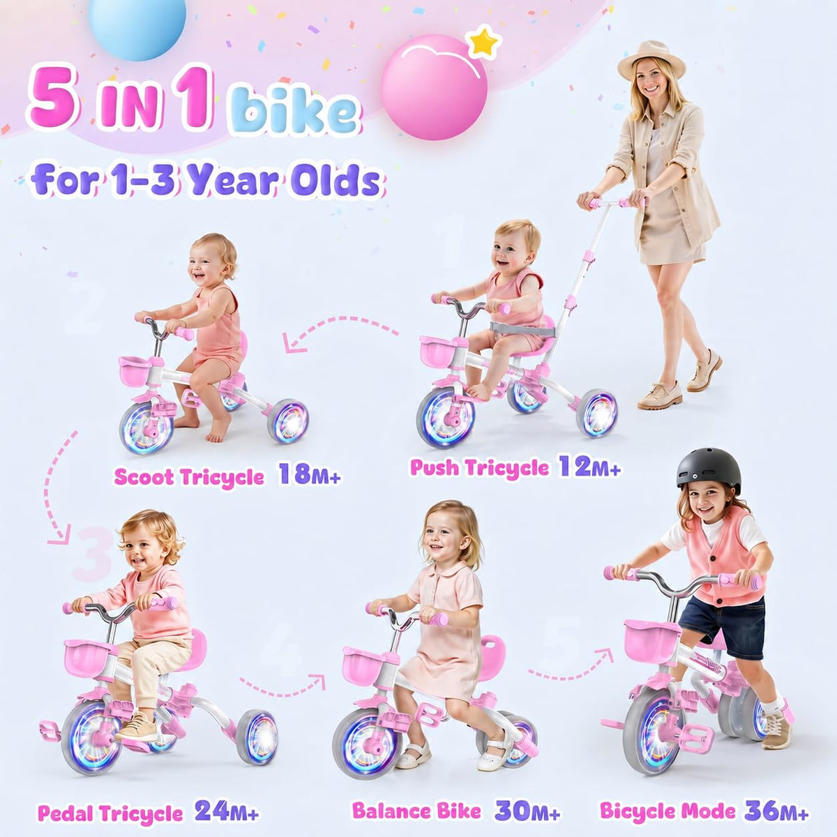5 in 1 Pink Tricycle with Push Handle U924612