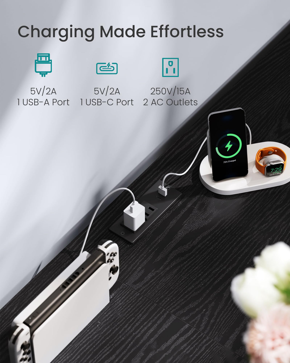 8 Fabric Drawers Dresser with Outlets & LED Lights N30099
