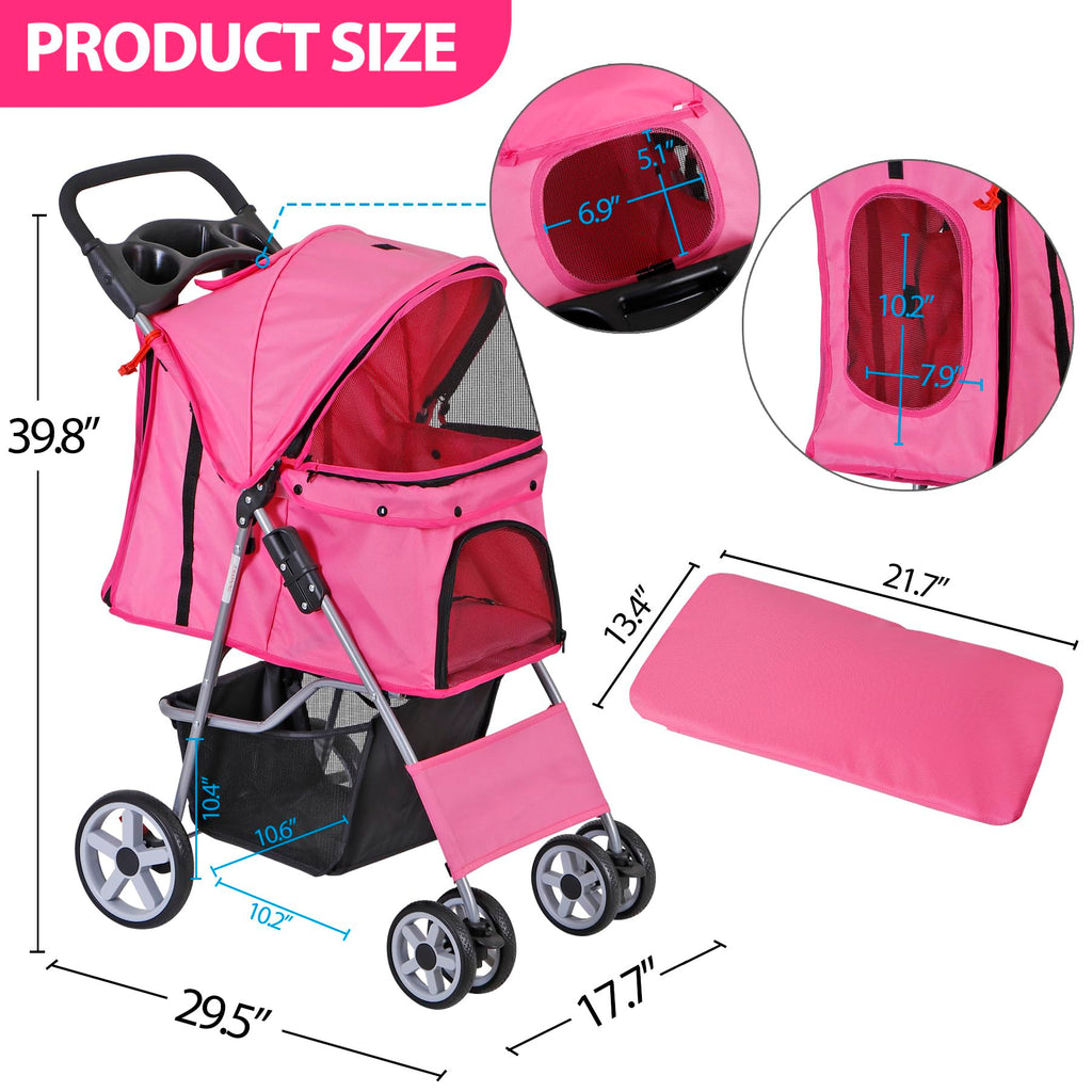 Foldable Pet Stroller with Waterproof Cover, Pink Y6981