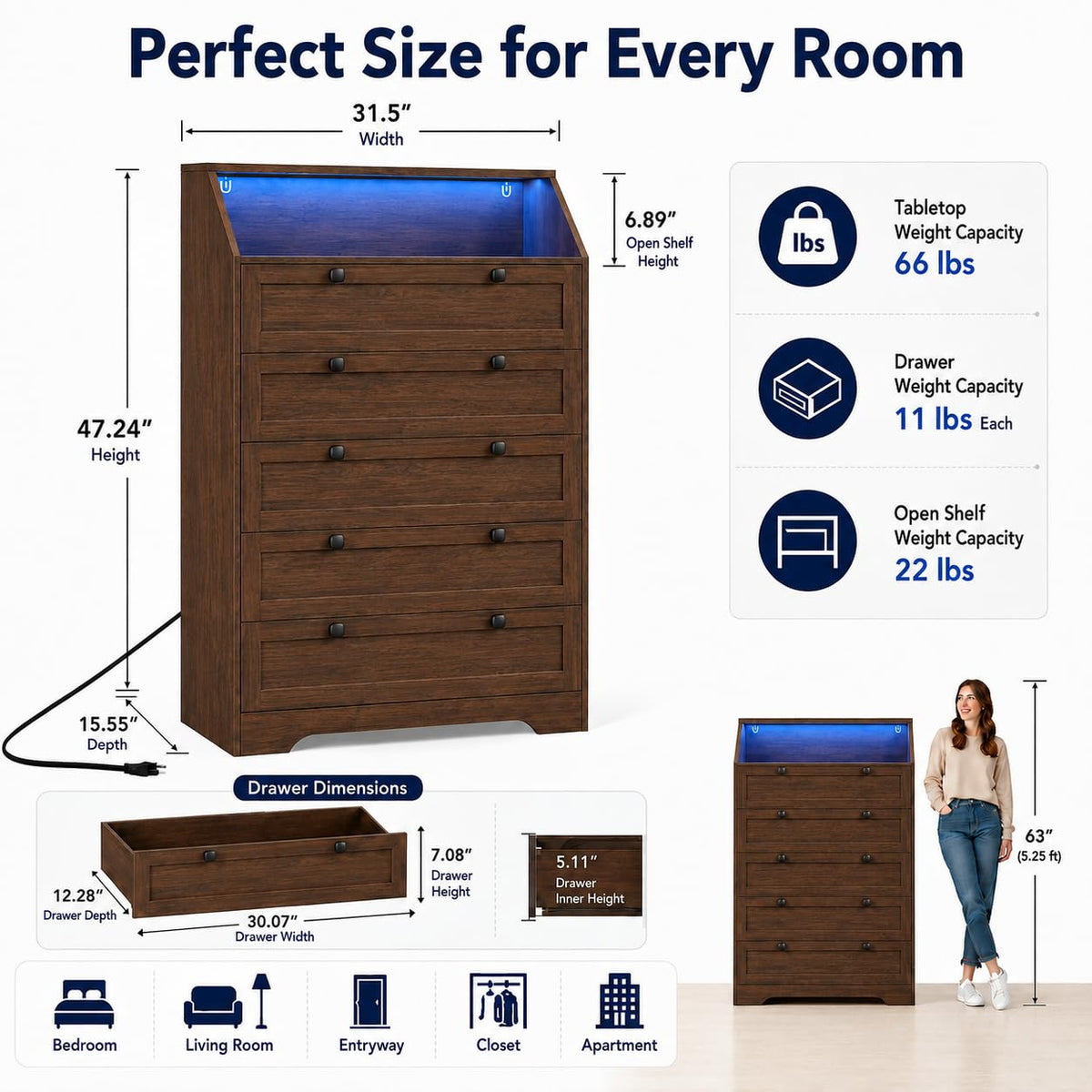 Walnut 5 Drawer Dresser R2084