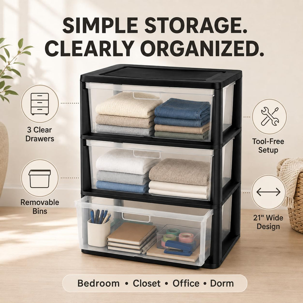 Plastic 3 Drawer Storage Tower with Clear Removable Bins X569952