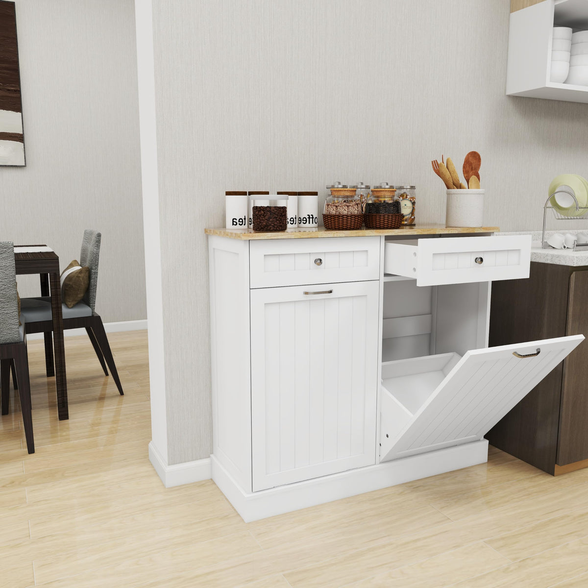 White Double Tilt Out Trash Cabinet with Drawers D5059