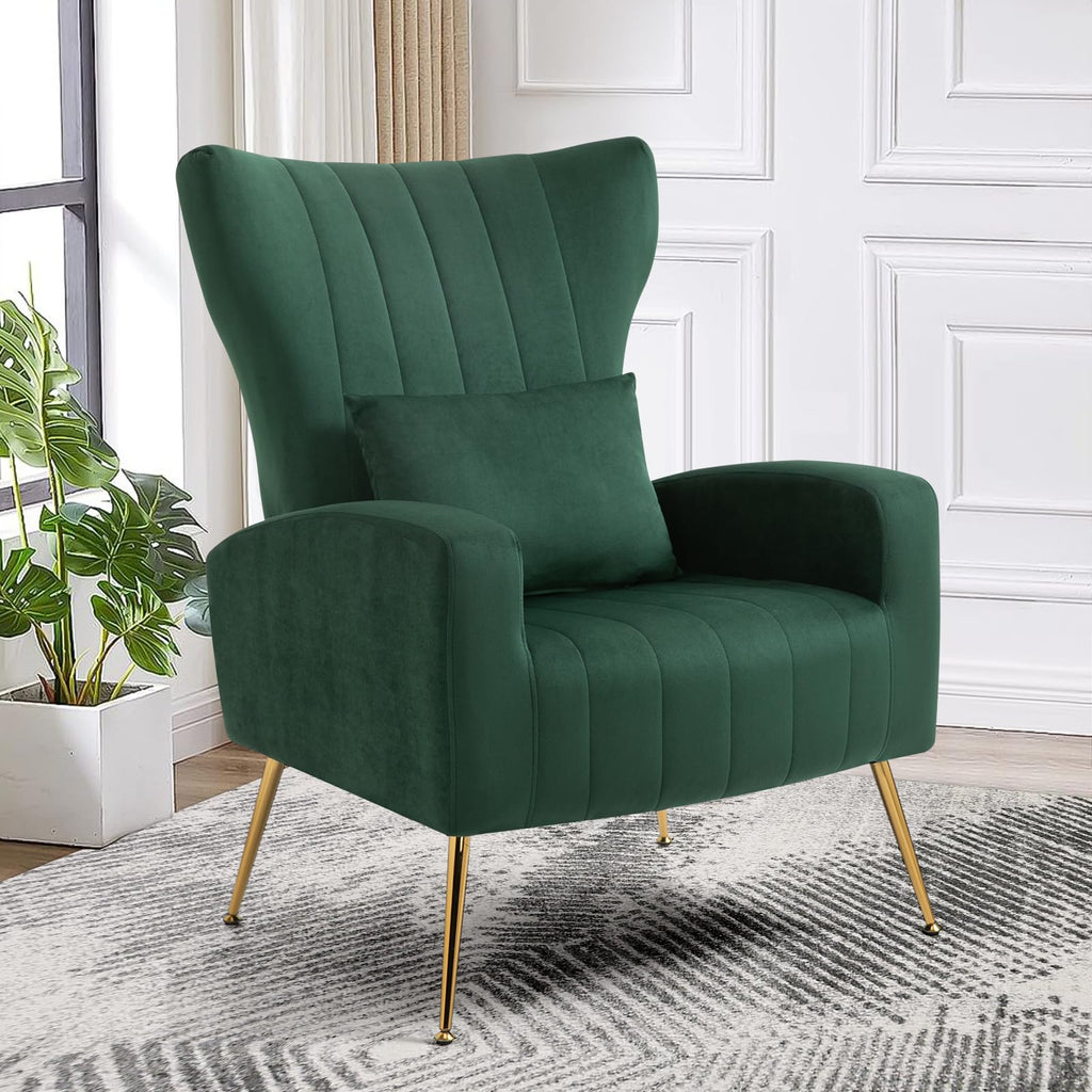 Green Velvet Accent Chairs Set of 2 with Lumbar Pillow J56048
