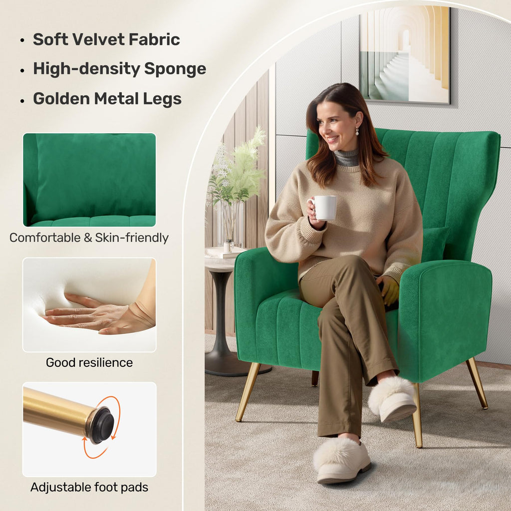 Velvet Accent Chairs Set of 2 High Back Armchair with Lumbar Pillow Green Q8917
