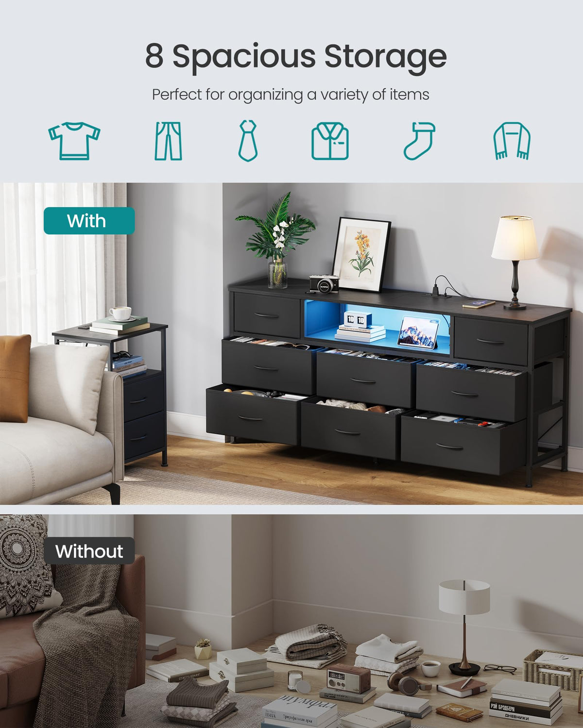 8 Fabric Drawers Dresser with Outlets & LED Lights N30099