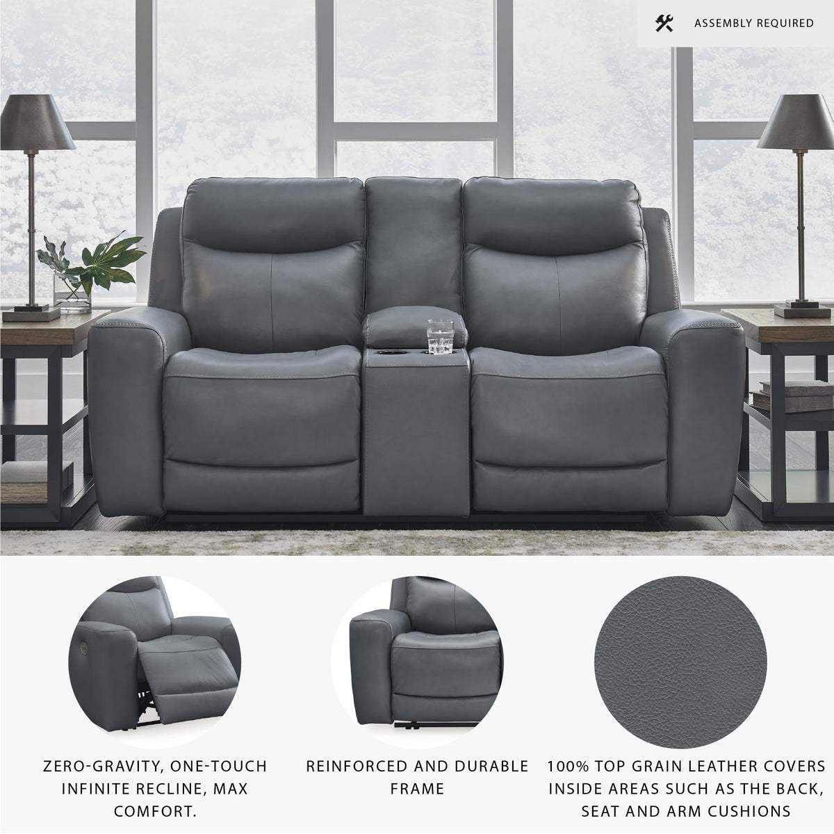 Gray Leather Match Power Reclining Loveseat with Console G5115
