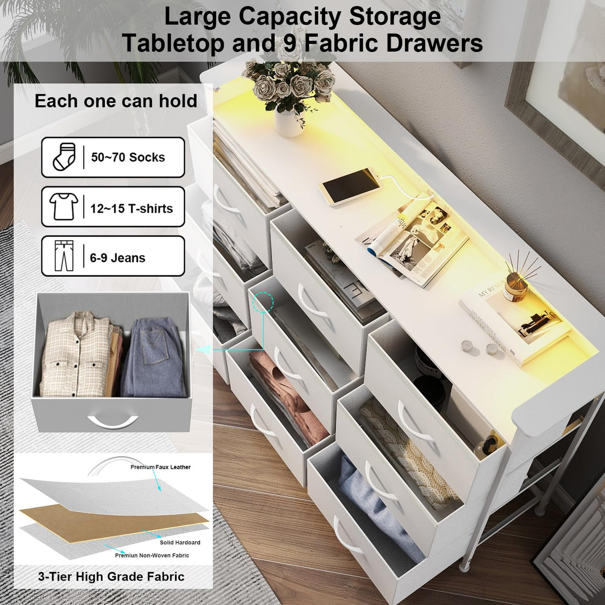 White 9 Drawer Dresser with LED Light and Charging Station Y3062