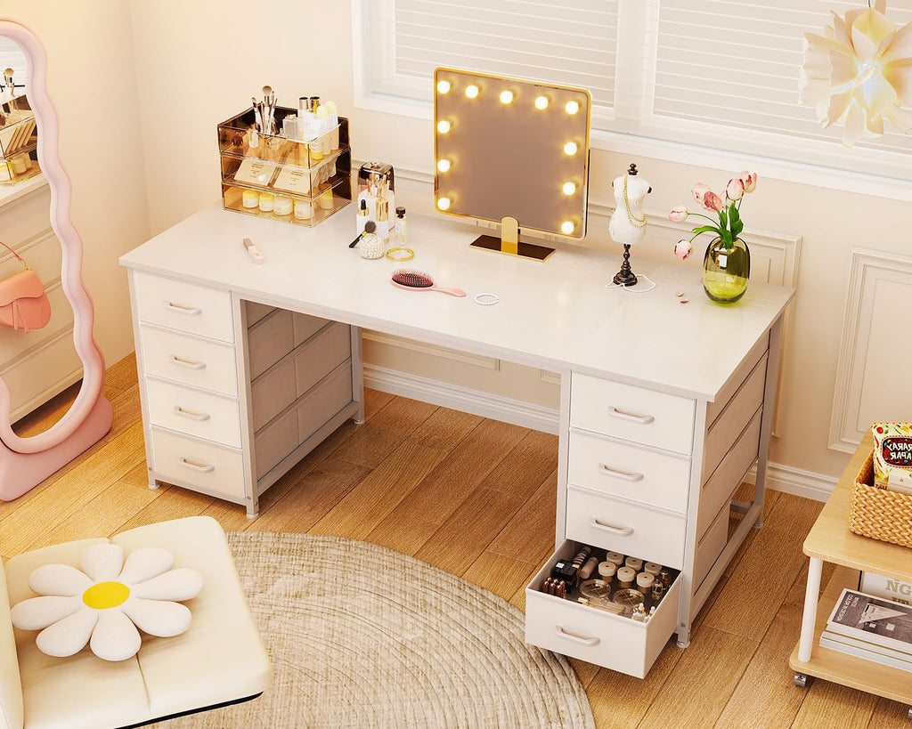 55 Inch Computer Desk with 8 Fabric Drawers White E837272
